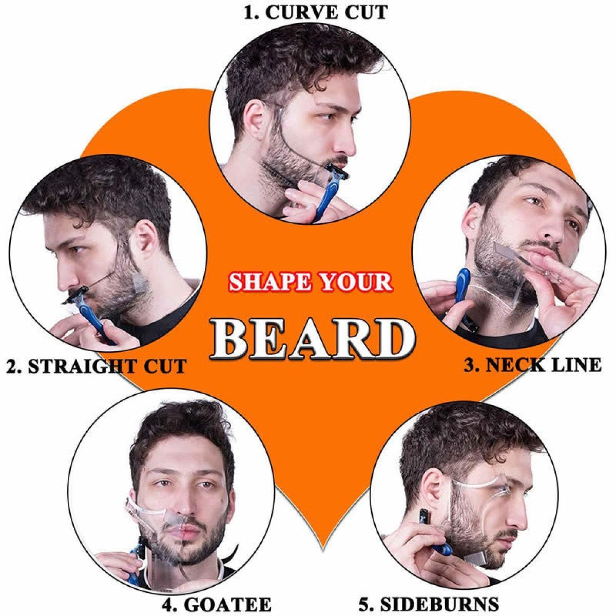 Men's Beard Styling Template for Goatee, sideburns, Chin, Cheek/Neck line, Symmetry/Curve/Step Cut - Black - Size 20cm