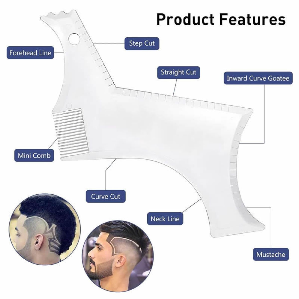 Men's Beard Styling Template for Goatee, sideburns, Chin, Cheek/Neck line, Symmetry/Curve/Step Cut - Black - Size 20cm