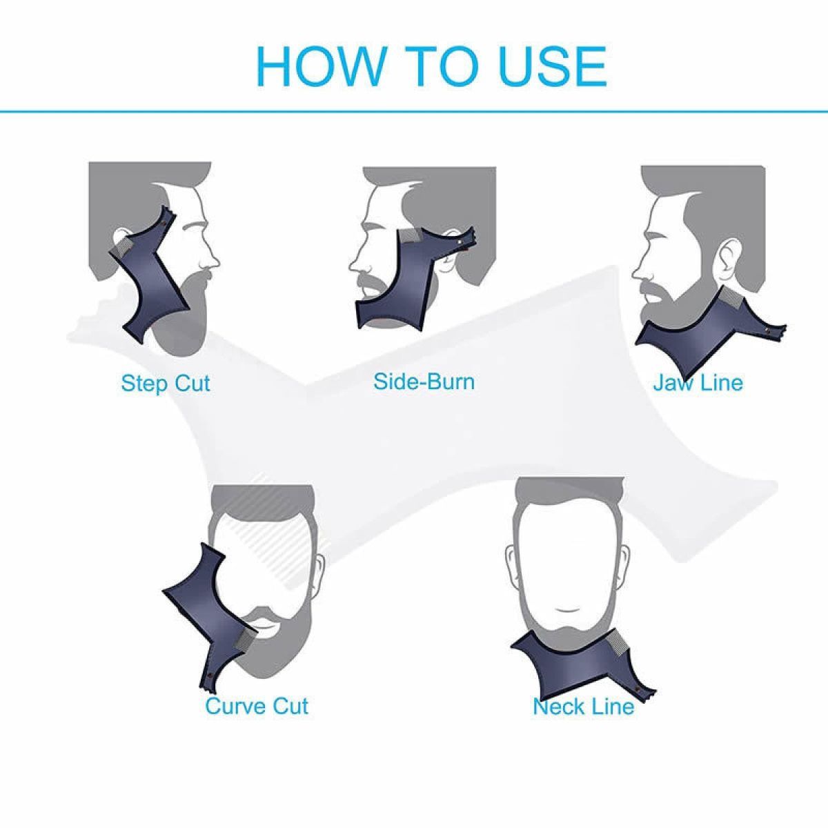 Men's Beard Styling Template for Goatee, sideburns, Chin, Cheek/Neck line, Symmetry/Curve/Step Cut - Black - Size 20cm