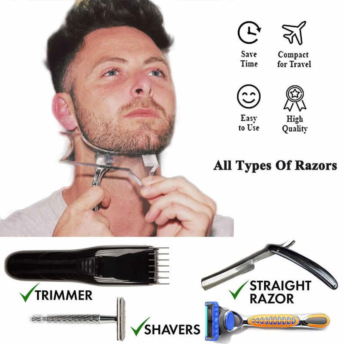 Men's Beard Styling Template for Goatee, sideburns, Chin, Cheek/Neck line, Symmetry/Curve/Step Cut - Clear - Size 20cm