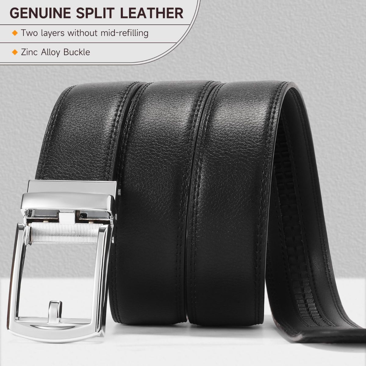 Ratchet Belt for Men Genuine Leather - Micro-Adjust Buckle Trim to Fit Dress Belt Casual to Formal Gift Boxed - Basic Silver - Black - Size 34"-40" Waist Adjustable