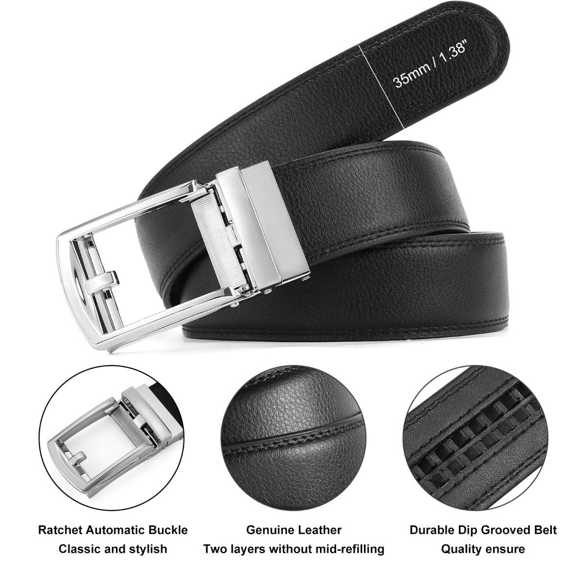 Ratchet Belt for Men Genuine Leather - Micro-Adjust Buckle Trim to Fit Dress Belt Casual to Formal Gift Boxed - Basic Silver - Black - Size 34"-40" Waist Adjustable