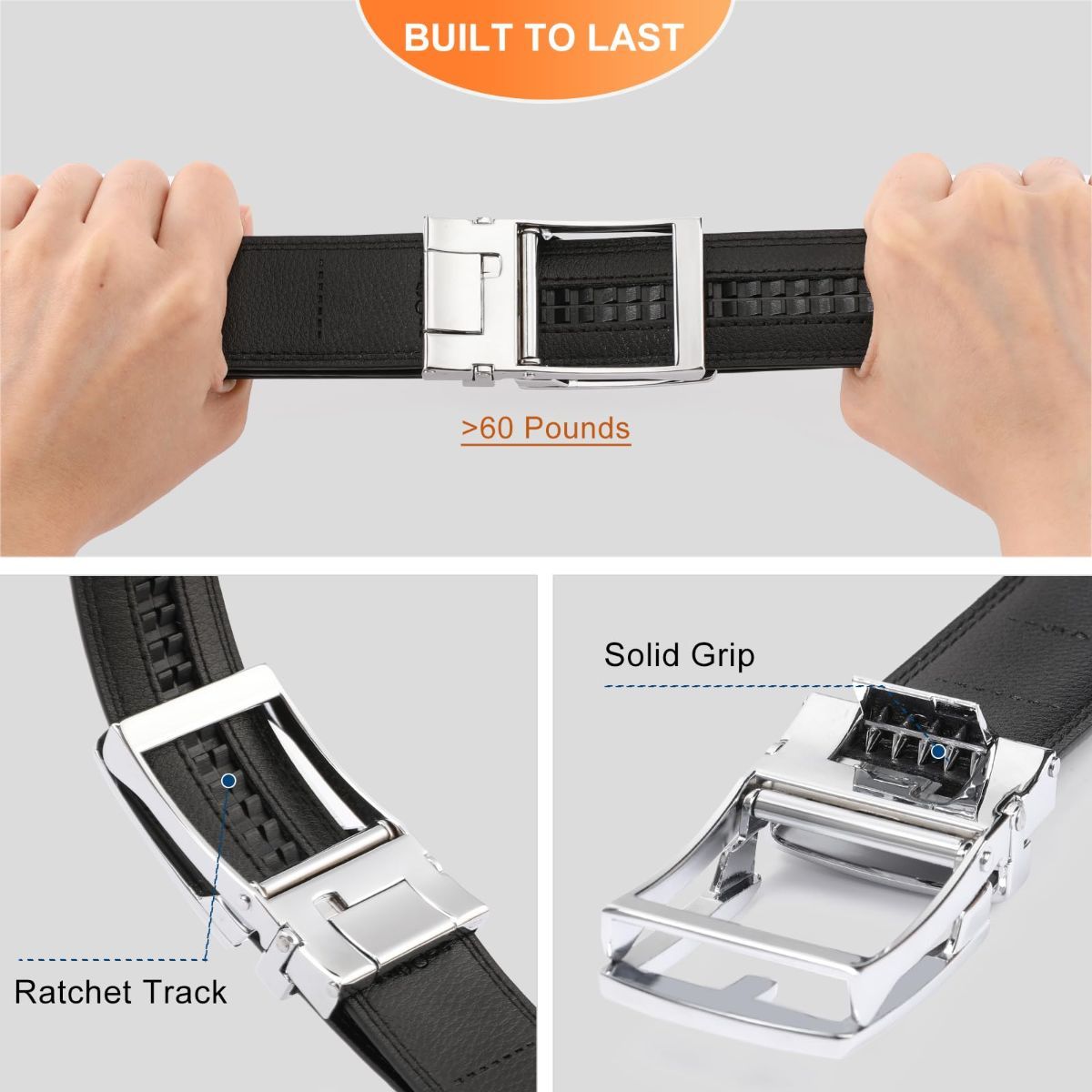 Ratchet Belt for Men Genuine Leather - Micro-Adjust Buckle Trim to Fit Dress Belt Casual to Formal Gift Boxed - Basic Silver - Black - Size 34"-42" Waist Adjustable