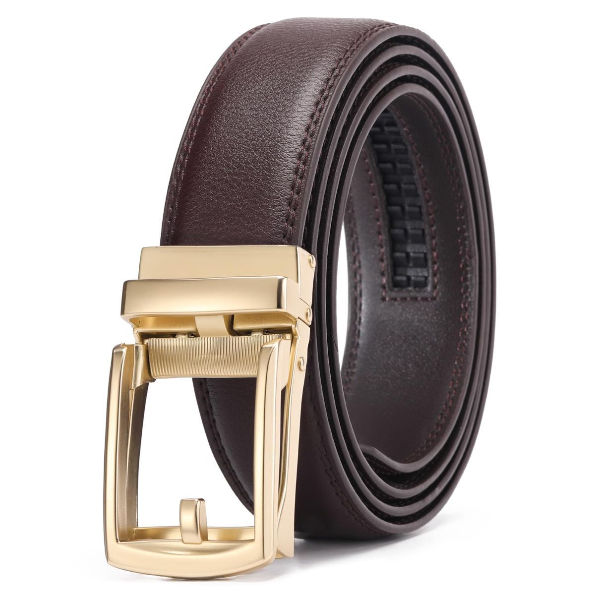 Ratchet Belt for Men Genuine Leather - Micro-Adjust Buckle Trim to Fit Dress Belt Casual to Formal Gift Boxed - Basic Gold - Brown - Size 24"-28" Waist Adjustable