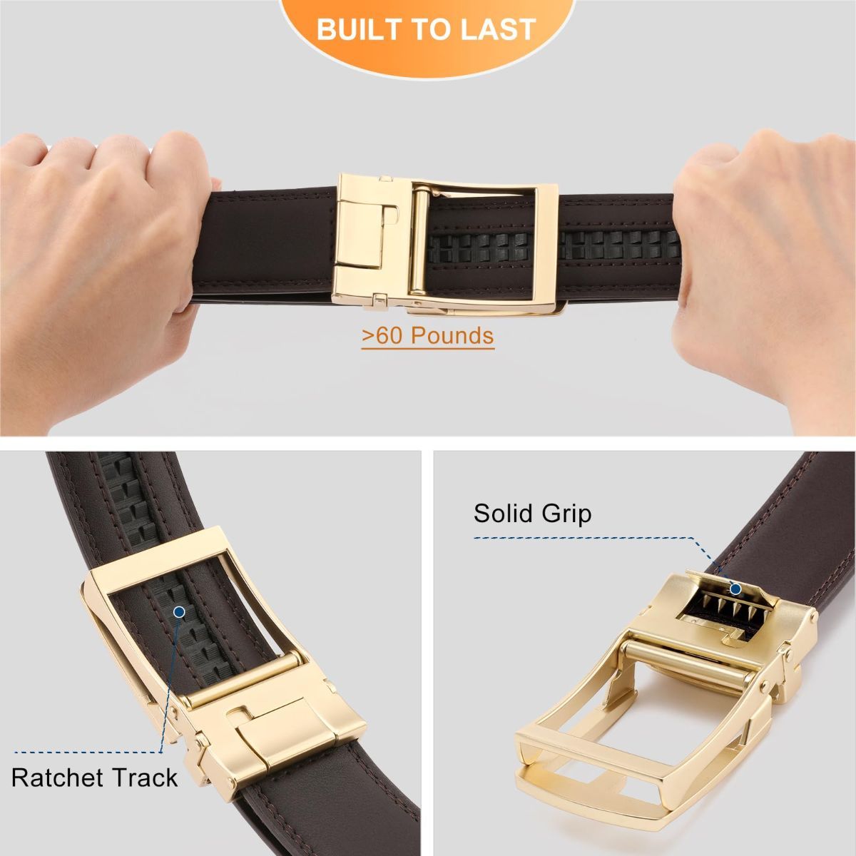Ratchet Belt for Men Genuine Leather - Micro-Adjust Buckle Trim to Fit Dress Belt Casual to Formal Gift Boxed - Basic Gold - Brown - Size 24"-28" Waist Adjustable