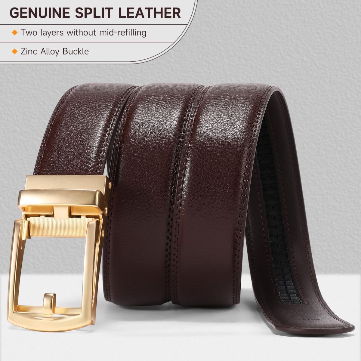 Ratchet Belt for Men Genuine Leather - Micro-Adjust Buckle Trim to Fit Dress Belt Casual to Formal Gift Boxed - Basic Gold - Brown - Size 24"-28" Waist Adjustable