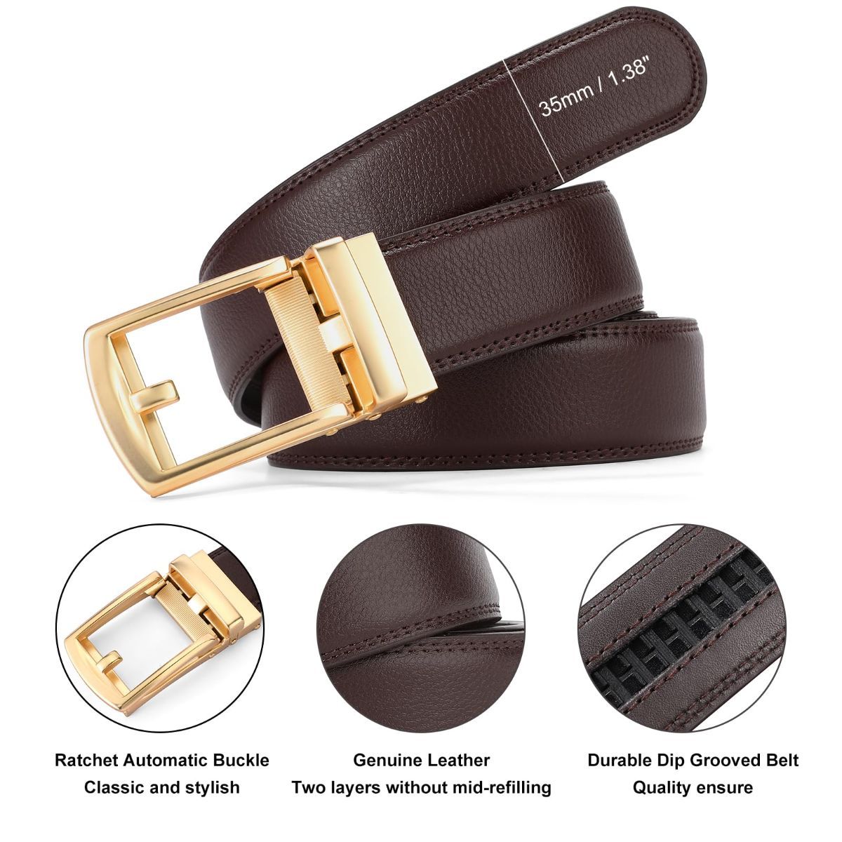 Ratchet Belt for Men Genuine Leather - Micro-Adjust Buckle Trim to Fit Dress Belt Casual to Formal Gift Boxed - Basic Gold - Brown - Size 42"-50" Waist Adjustable