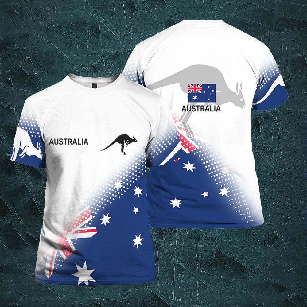 Australian Flag Kangaroo Print Unisex O-Neck Short Sleeve T-Shirt Summer Breathable Cotton Blend Streetwear Top（5XL）