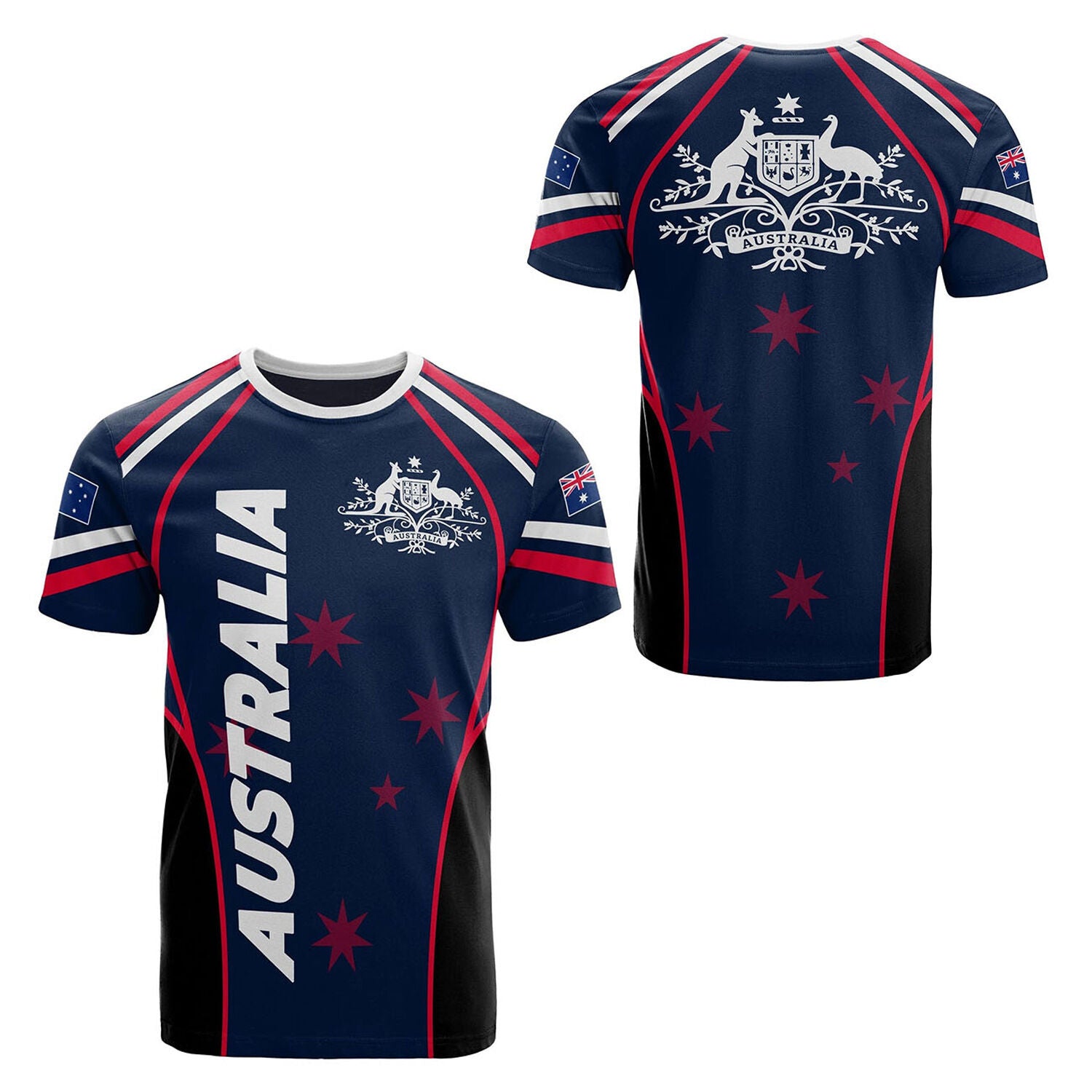 Australian National Emblem & Flag Print Unisex O-Neck Short Sleeve T-Shirt Summer Breathable Cotton-Blend Streetwear Top（XL）