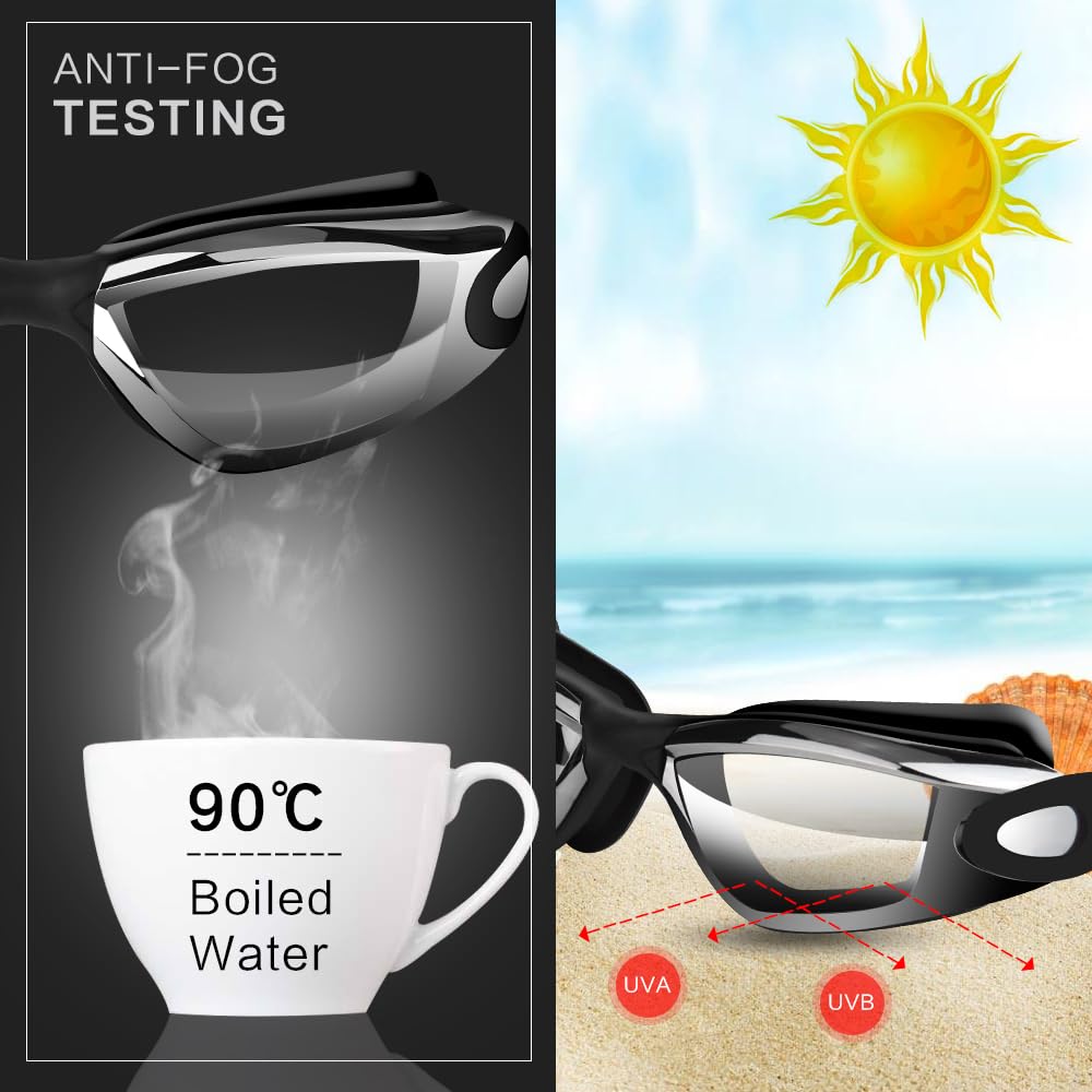 Black Swim Goggles Set with Cap, Nose Clip, Earplugs & Case: Anti-Fog UV Protection for Men & Women