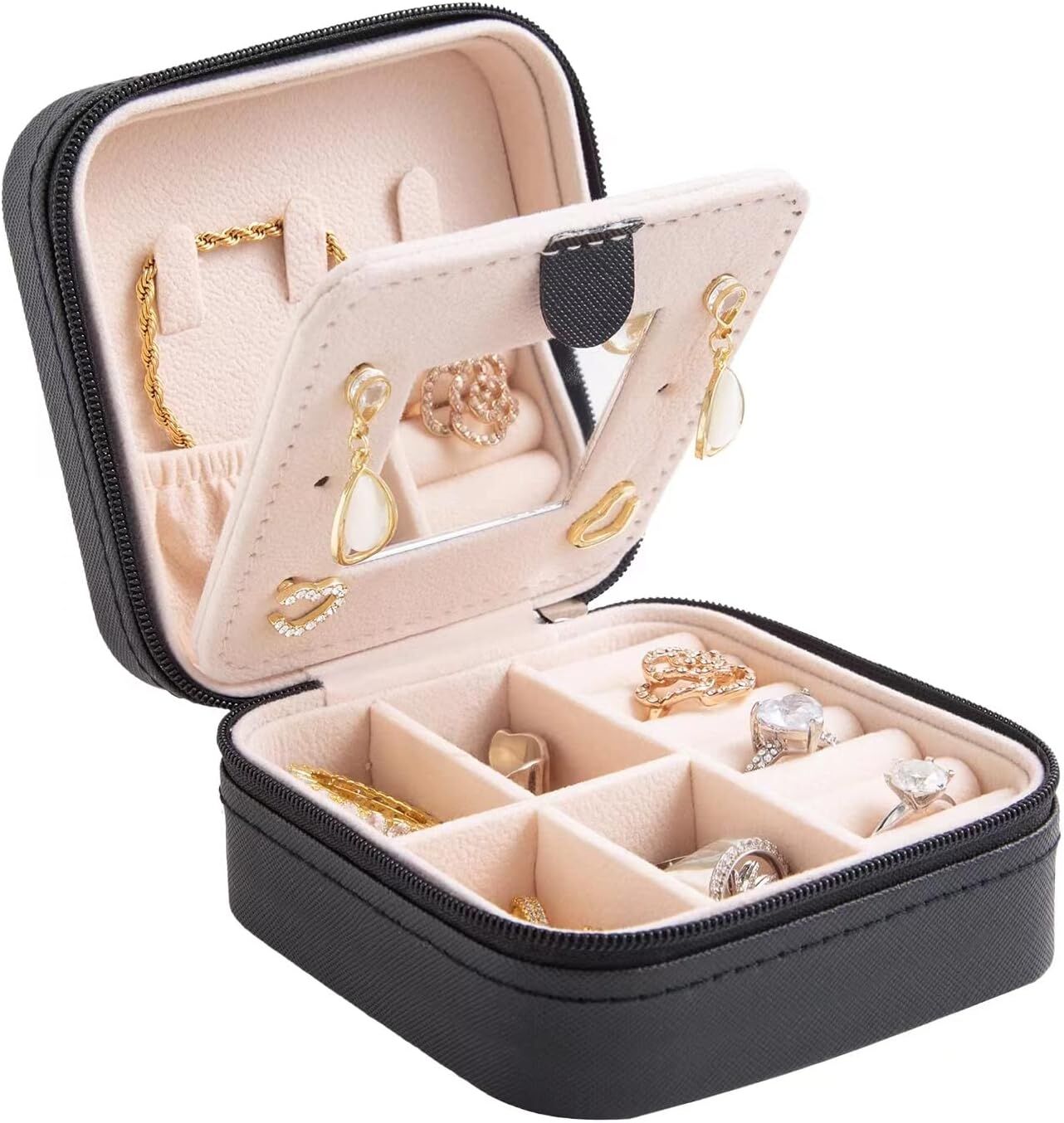 Black Travel Jewelry Box with Mirror: Sleek, Organised Storage for Rings, Necklaces & Earrings, Ideal for Aussies