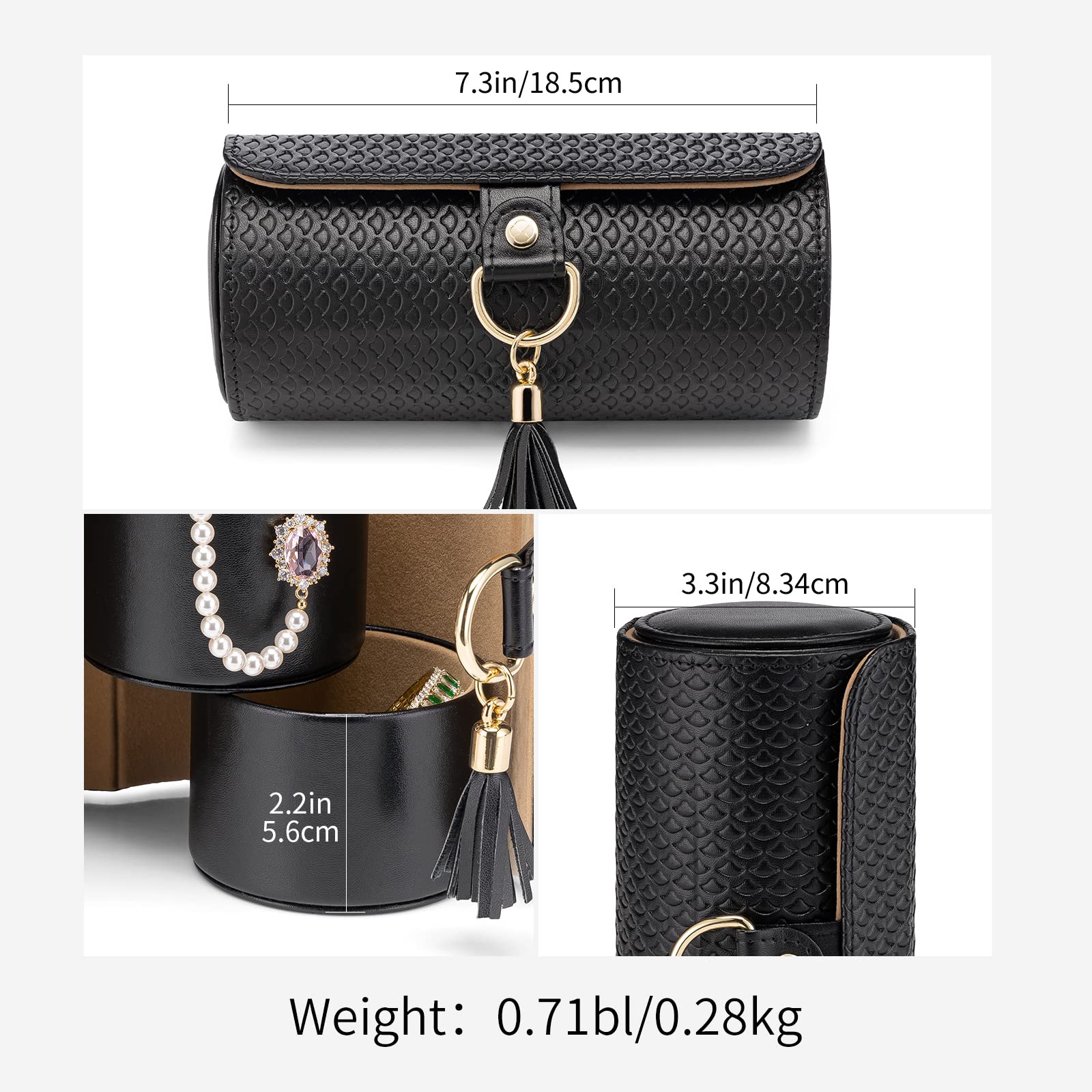 Black Travel Jewelry Case: 3-Layer PU Cylinder Organizer for Necklaces, Earrings, Gifts for Travelers & Jewelry Lovers