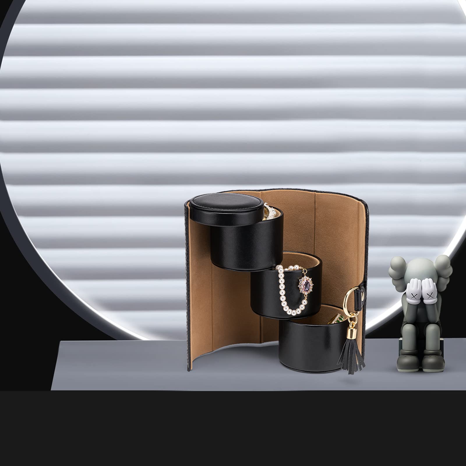 Black Travel Jewelry Case: 3-Layer PU Cylinder Organizer for Necklaces, Earrings, Gifts for Travelers & Jewelry Lovers