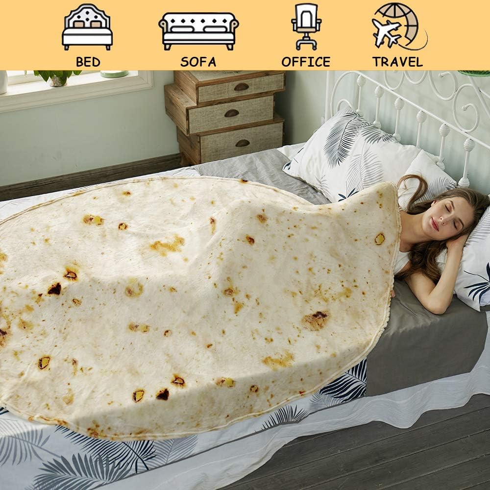 Burritos Tortilla Throw Blanket(Beige), Novelty Funny Round Blanket for Adults & Kids, Soft Flannel Tortilla Wrap Blanket（60",Teenagers）