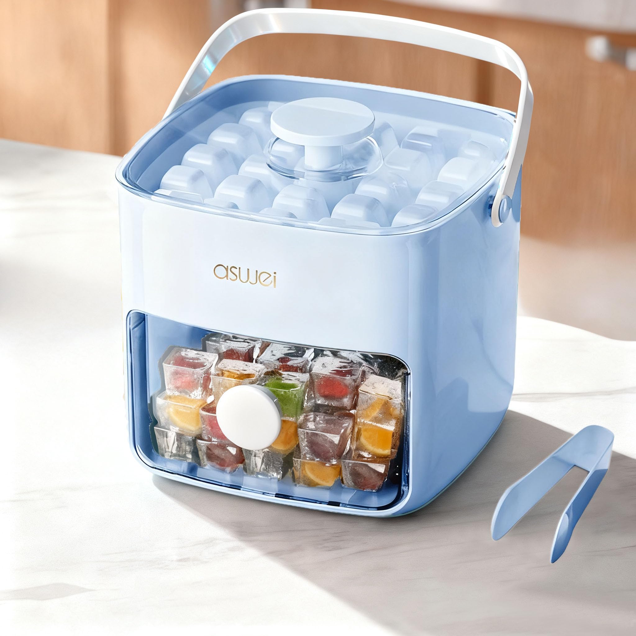 Portable Ice Cube Maker with Storage Drawer – BPA-Free, 48-Cube Capacity, Push-Release Tray & Transparent Lid for Cocktails, Coffee, Whiskey(Blue)