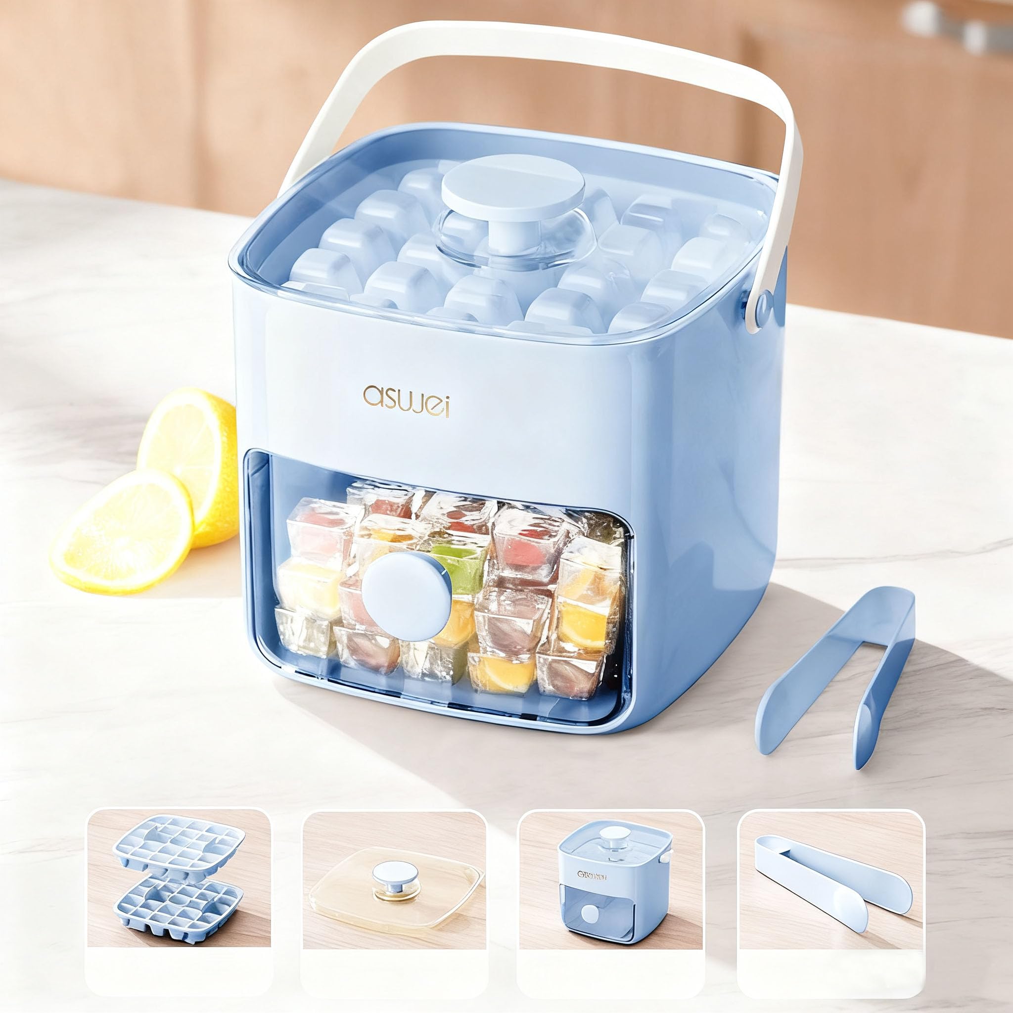 Portable Ice Cube Maker with Storage Drawer – BPA-Free, 48-Cube Capacity, Push-Release Tray & Transparent Lid for Cocktails, Coffee, Whiskey(Blue)