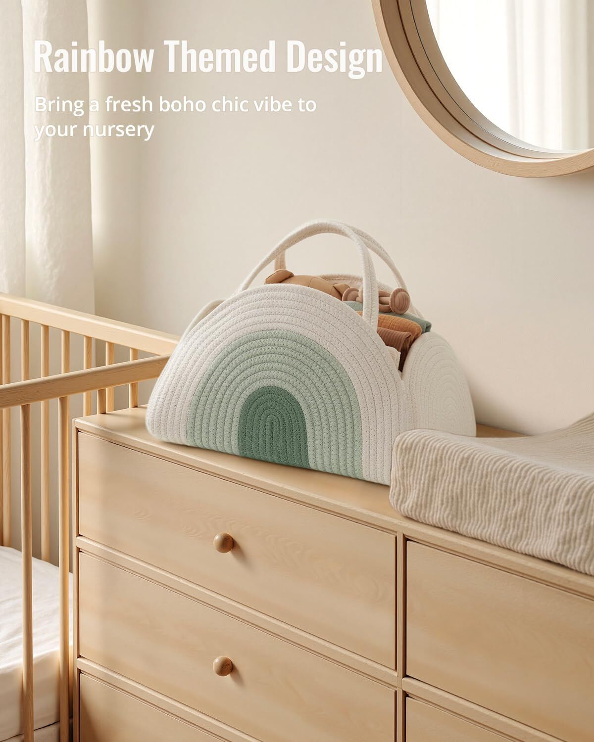 Portable Cotton Rope Diaper Caddy – Large Baby Storage Basket with Removable Dividers and Handles for Nursery, Car, Travel – Stylish Organizing Bin for Newborn Essentials (Mint Rainbow)