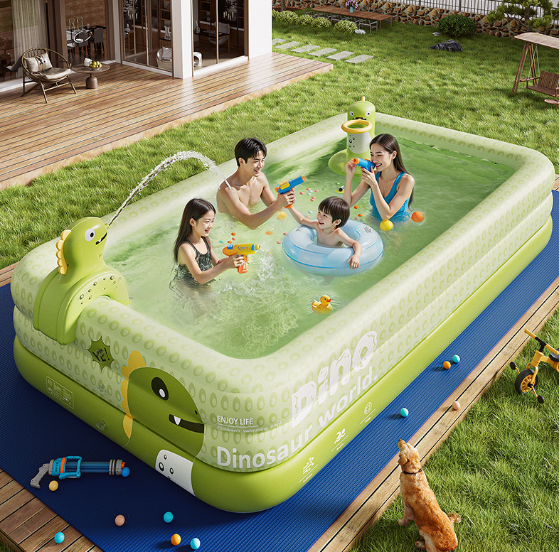 Inflatable Swimming Pool 180×130×56cm with Canopy & Dinosaur Spray – Kids Outdoor Water Play Set for Backyard, Garden, Summer Fun (Green)