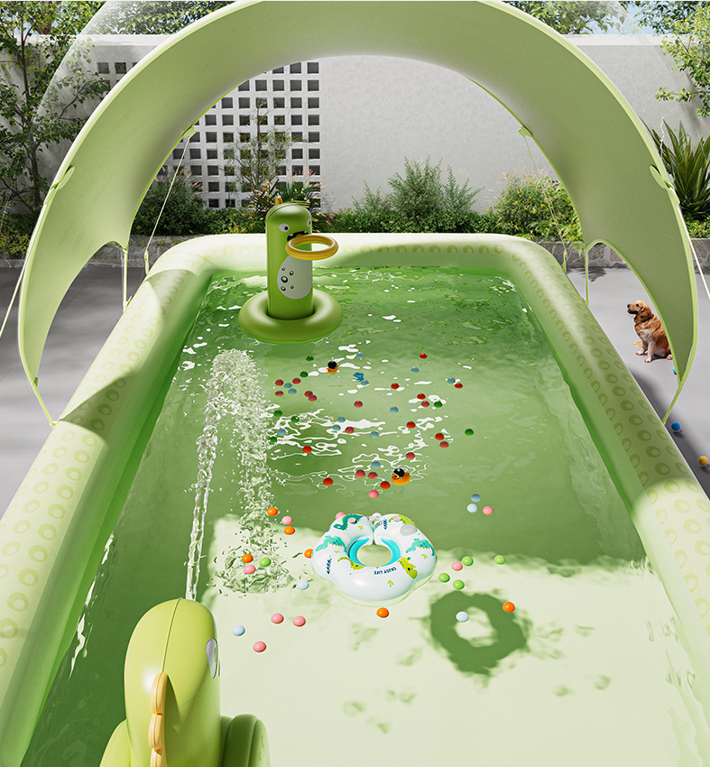 Inflatable Swimming Pool 260×160×56cm with Canopy & Dinosaur Spray – Kids Outdoor Water Play Set for Backyard, Garden, Summer Fun (Green)