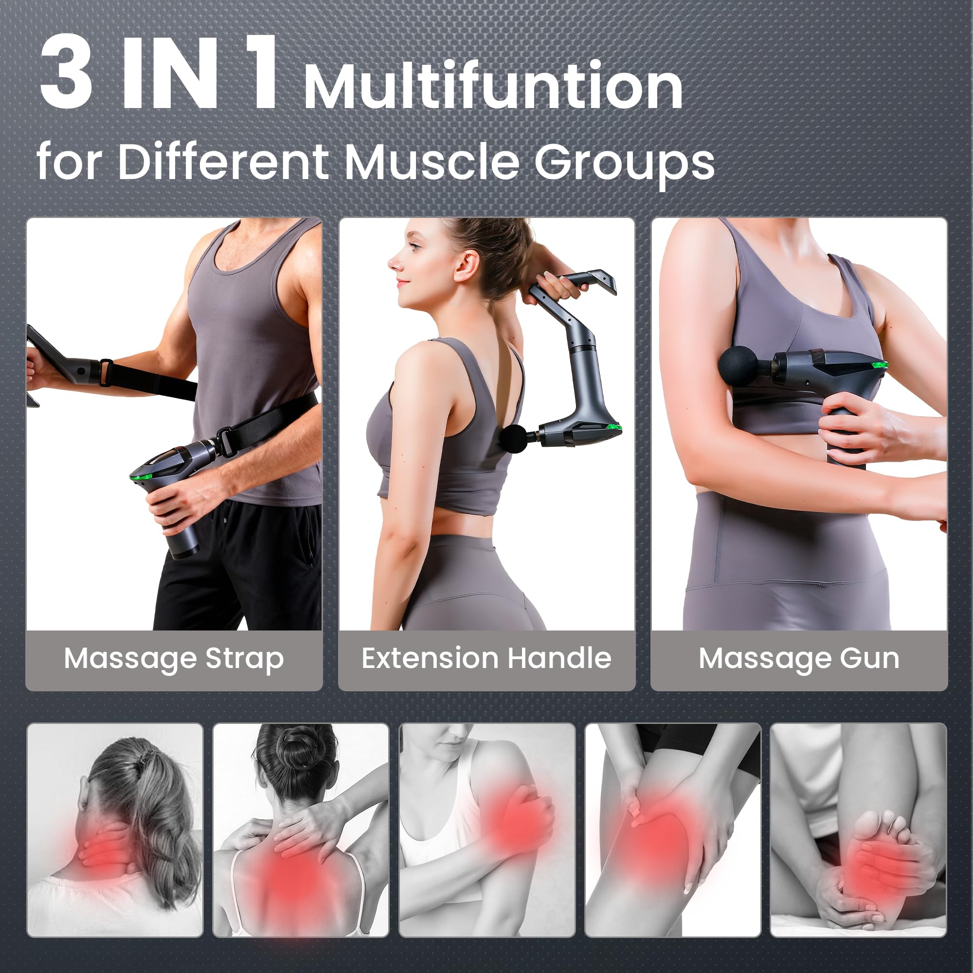 Black 3-in-1 Massage Gun with Extendable Handle & Back Strap – 12-Speed Deep Tissue Muscle Massager, 4 Attachments, USB-C Charging, for Athletes, Gym Recovery & Seniors