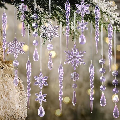 36PCS Acrylic Christmas Snowflake & Icicle Ornaments for Xmas Tree, Parties & Decor (light purple)