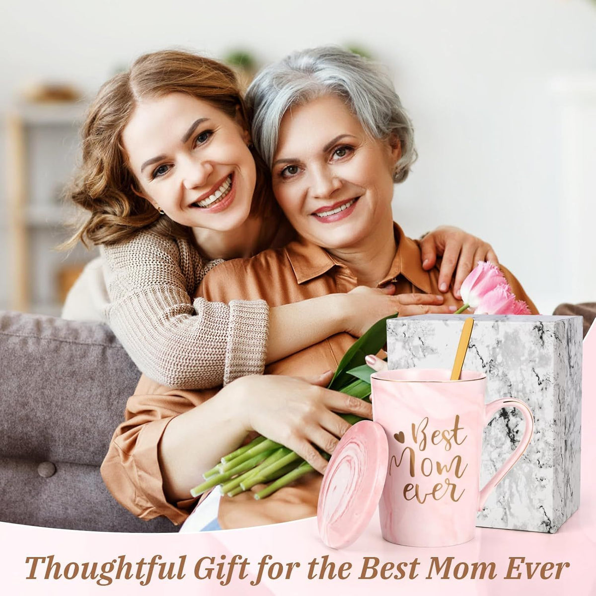 Best Mom Ever Coffee Mug Gift Set with Lid, Spoon & Coaster, 14oz Pink Marble Ceramic Cup for Mother's Day, Birthday, Christmas, Valentine's Day (Pink)