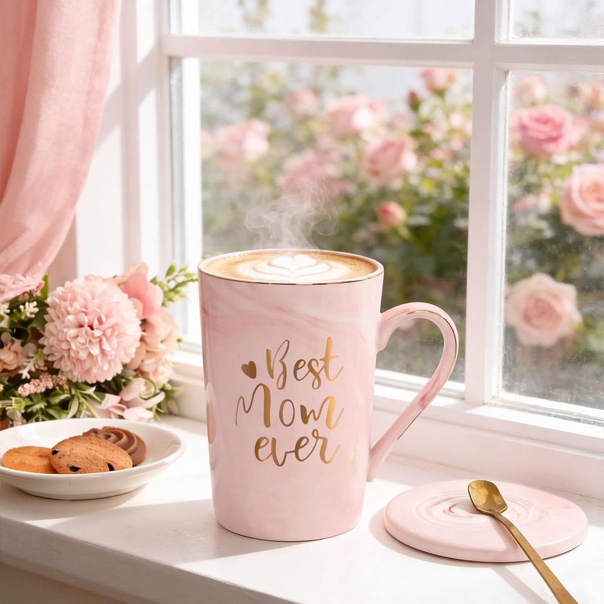 Best Mom Ever Coffee Mug Gift Set with Lid, Spoon & Coaster, 14oz Pink Marble Ceramic Cup for Mother's Day, Birthday, Christmas, Valentine's Day (Pink)