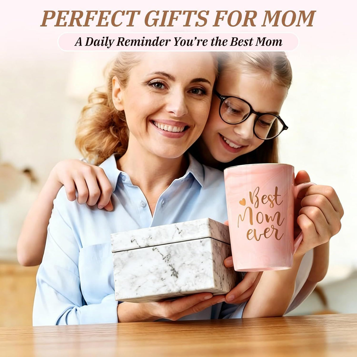 Best Mom Ever Coffee Mug Gift Set with Lid, Spoon & Coaster, 14oz Pink Marble Ceramic Cup for Mother's Day, Birthday, Christmas, Valentine's Day (Pink)