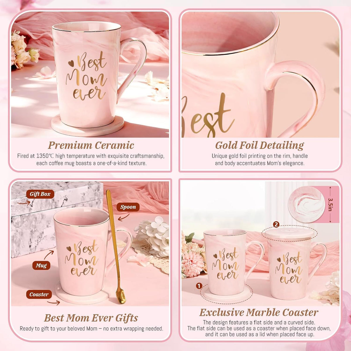 Best Mom Ever Coffee Mug Gift Set with Lid, Spoon & Coaster, 14oz Pink Marble Ceramic Cup for Mother's Day, Birthday, Christmas, Valentine's Day (Pink)