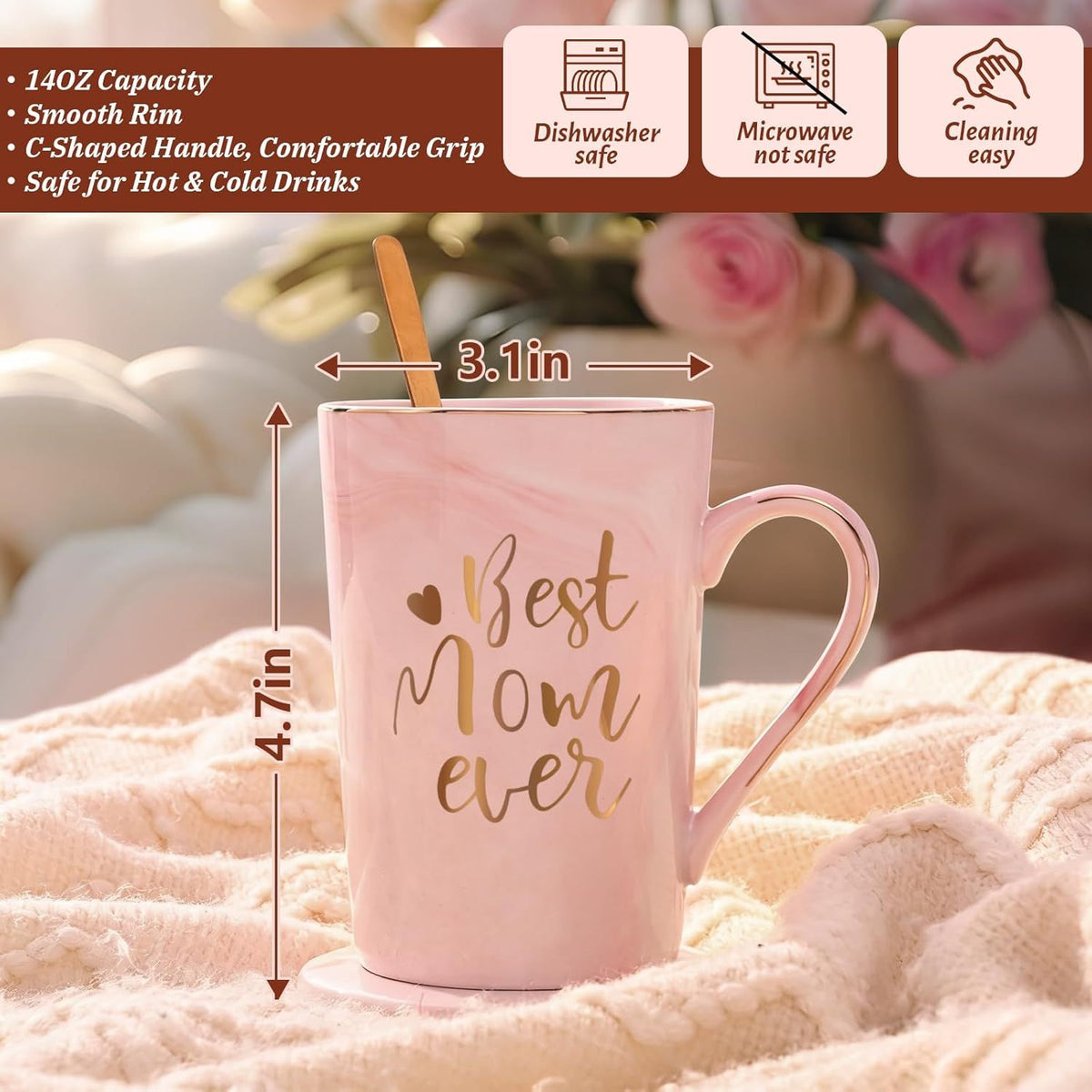 Best Mom Ever Coffee Mug Gift Set with Lid, Spoon & Coaster, 14oz Pink Marble Ceramic Cup for Mother's Day, Birthday, Christmas, Valentine's Day (Pink)