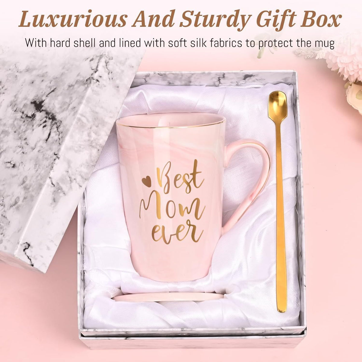 Best Mom Ever Coffee Mug Gift Set with Lid, Spoon & Coaster, 14oz Pink Marble Ceramic Cup for Mother's Day, Birthday, Christmas, Valentine's Day (Pink)