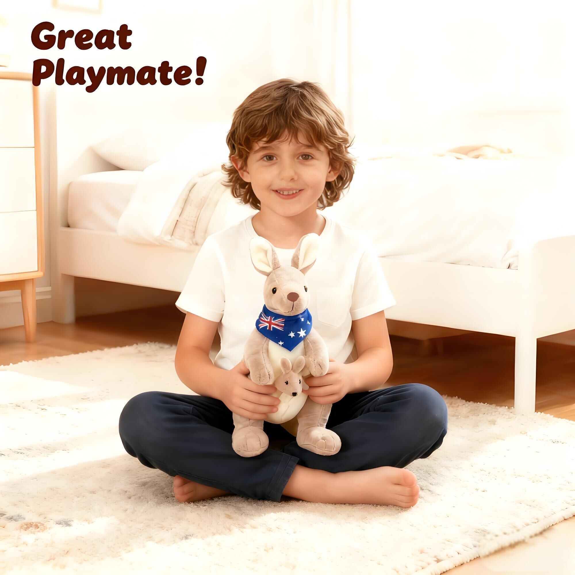 Kangaroo Stuffed Animal with Joey in Pouch & Australia Scarf - Soft Cuddly Plush Toy(32cm, light grey)| Other Colors Available in Store