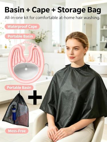 Inflatable Shampoo Basin with Drain Hose, Foldable
Reclining Design, 230g Lightweight, Adjustable Neck Opening, Complete Accessories Set, Elderly & Pregnant Use(Pink)