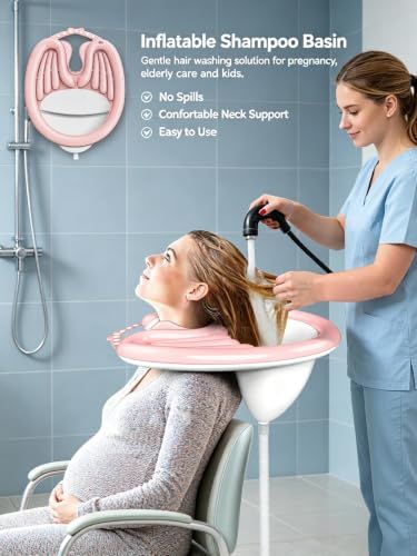 Inflatable Shampoo Basin with Drain Hose, Foldable
Reclining Design, 230g Lightweight, Adjustable Neck Opening, Complete Accessories Set, Elderly & Pregnant Use(Pink)