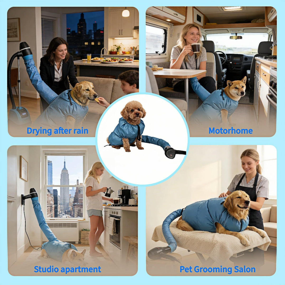 Dog Drying Bag for Quick Home Drying – Hassle-Free Grooming After Baths, S (Blue)