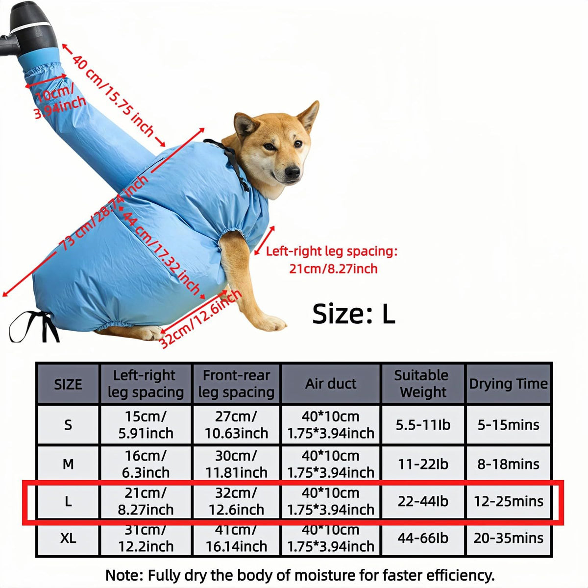 Dog Drying Bag for Quick Home Drying – Hassle-Free Grooming After Baths, L (Blue)