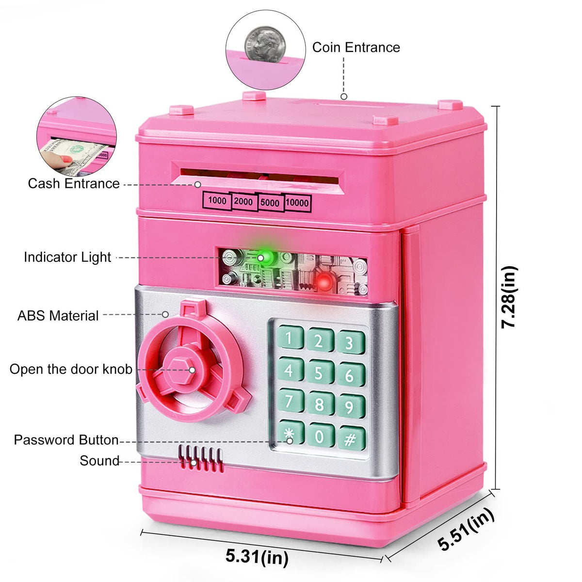 Smart ATM Piggy Bank with Password Lock & Coin Slot – Educational Money Box for Kids, Saves Coins & Bills (Pink) | Other Colors Available In-Store