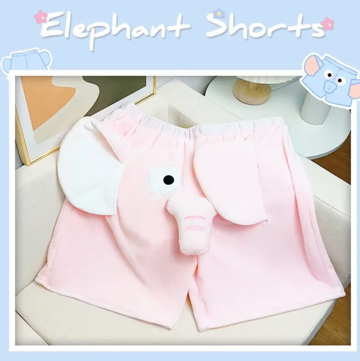 Unisex Cartoon Elephant Shorts, Cute Animal Pants with Big Nose & Ears, Soft Loungewear & Casual Shorts for Women & Men, XXL (Pink)