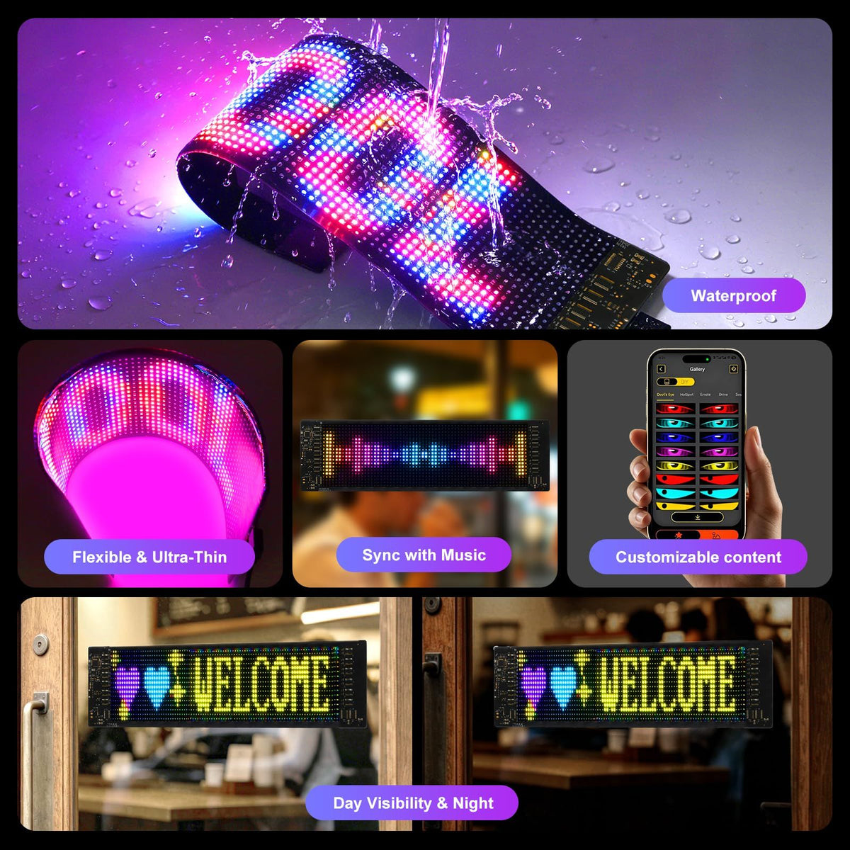 13.7"x4.02" Super Brighter USB 5V Bluetooth Scrolling LED Sign
Flexible Programmable Screen with APP Control,Custom Text Pattern Animation, Waterproof RGB Signs for Car,Home,Store,Bar(Multicolor)