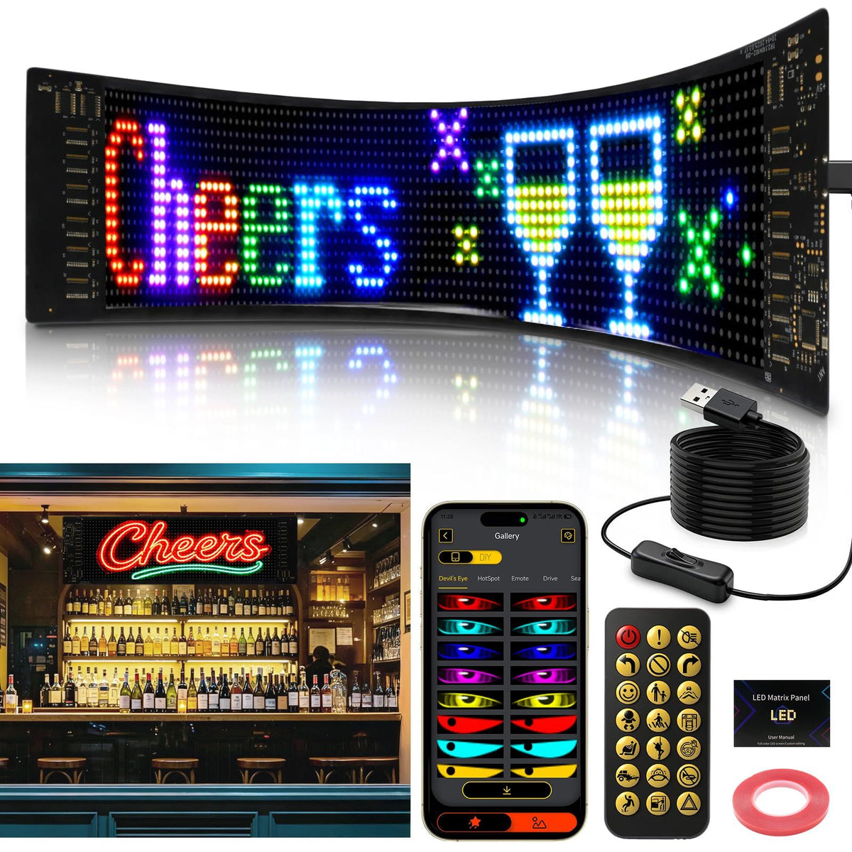 23.4"x4.7" Super Brighter USB 5V Bluetooth Scrolling LED Sign
Flexible Programmable Screen with APP Control,Custom Text Pattern Animation, Waterproof RGB Signs for Car,Home,Store,Bar(Multicolor)