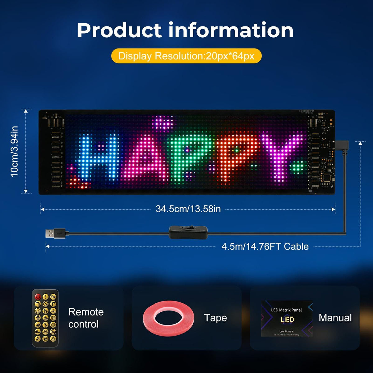 23.4"x4.7" Super Brighter USB 5V Bluetooth Scrolling LED Sign
Flexible Programmable Screen with APP Control,Custom Text Pattern Animation, Waterproof RGB Signs for Car,Home,Store,Bar(Multicolor)