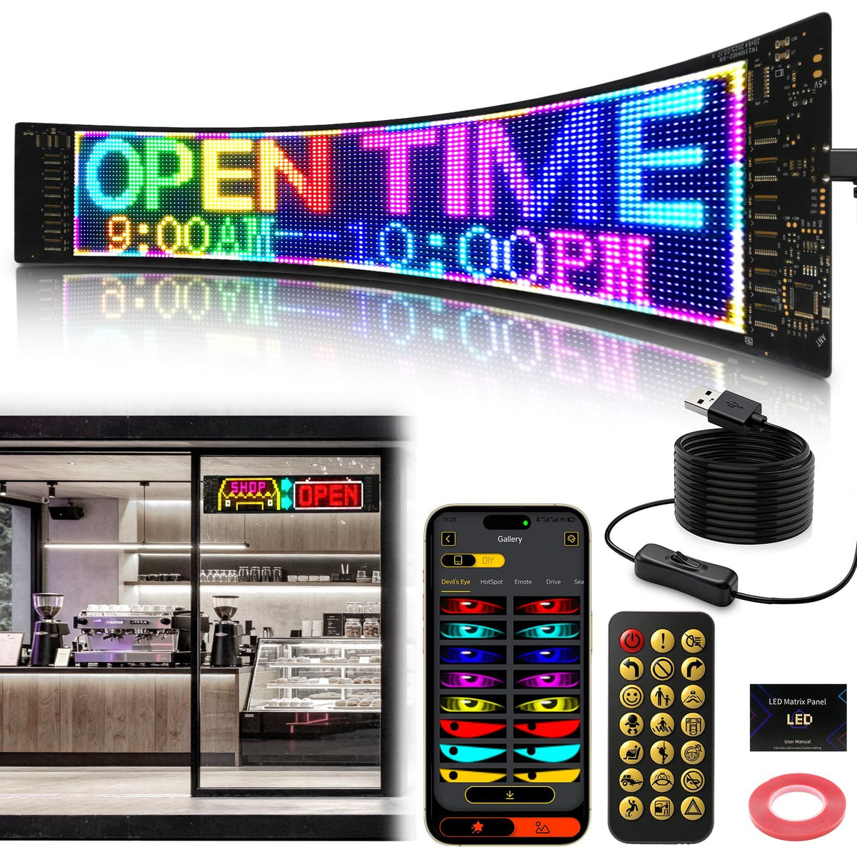 23.4"x4.7" Super Brighter USB 5V Bluetooth Scrolling LED Sign
Flexible Programmable Screen with APP Control,Custom Text Pattern Animation, Waterproof RGB Signs for Car,Home,Store,Bar(Multicolor)