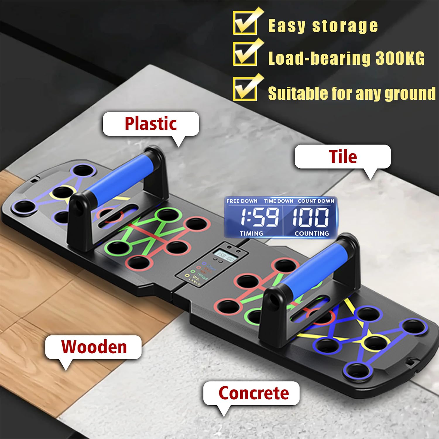 Smart Push-Up Bar with Counter & Timer – Foldable Home Workout Board for Chest, Shoulders, Back & Triceps Training (Black)