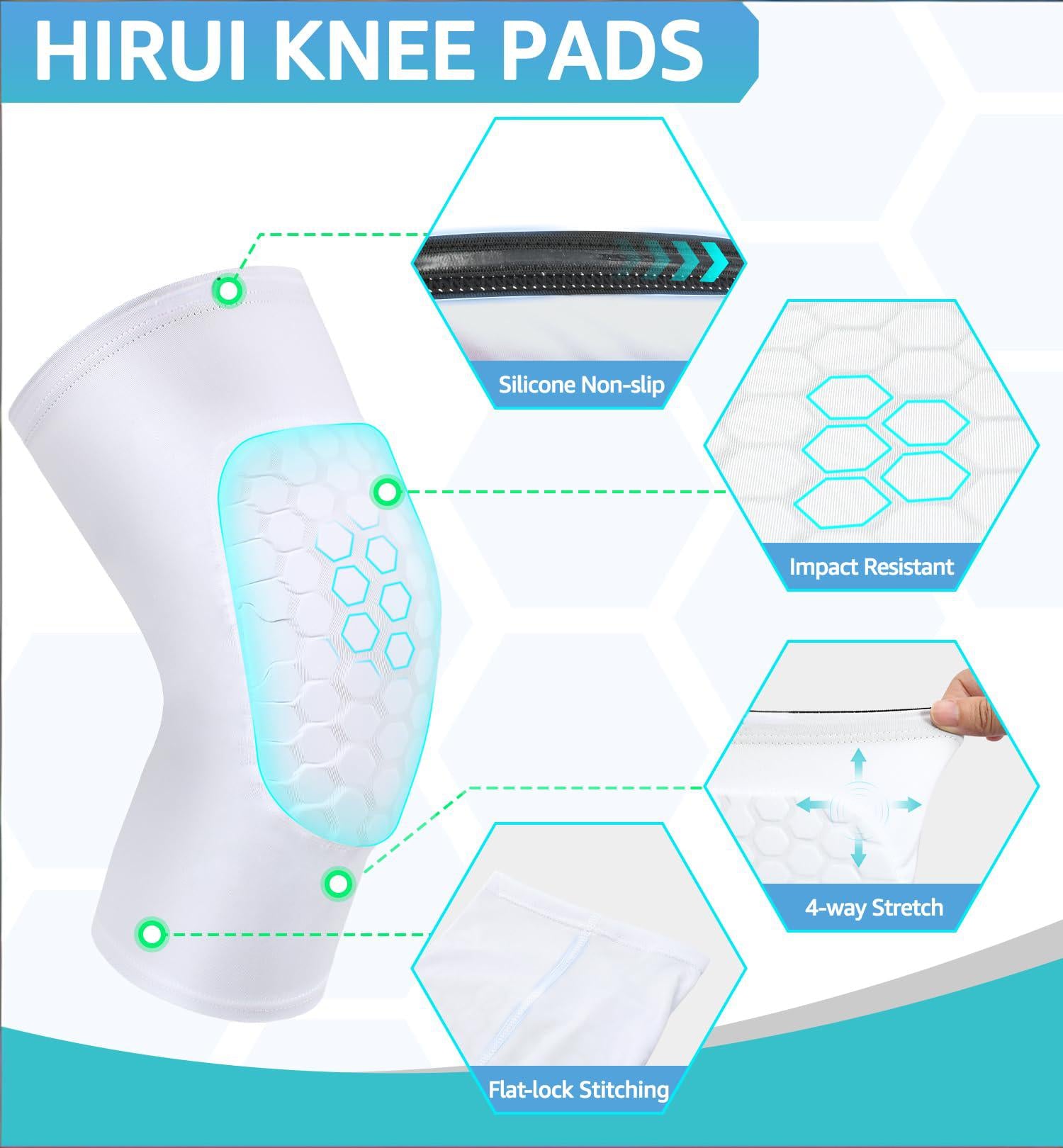 Honeycomb Knee Pads for Kids, Teens & Adults – Protective Compression Knee Guards for Basketball, Football, Cycling & Running(White,M)