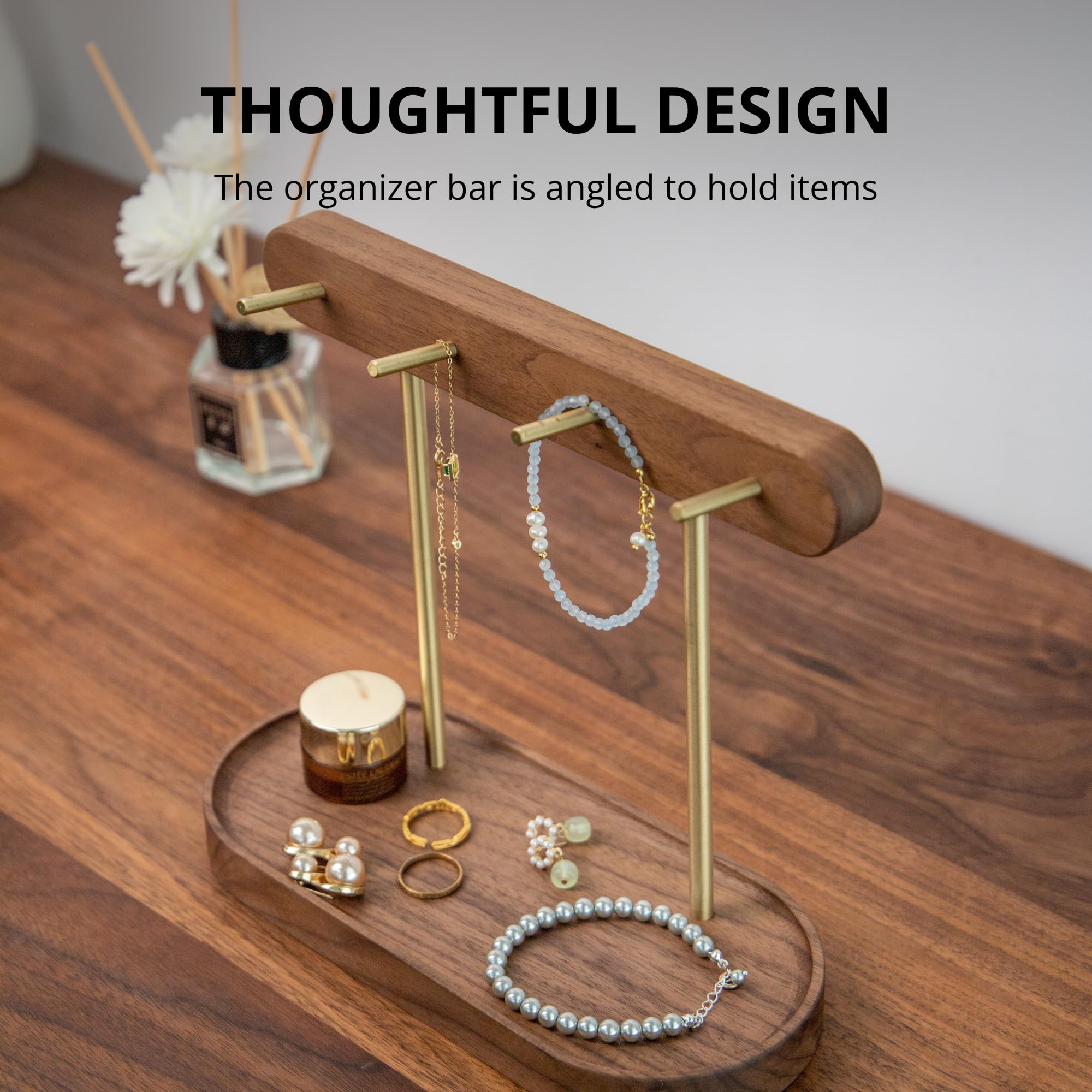 Modern Walnut Wood Key Holder with Brass Hooks – Desktop Organizer for Keys, Jewelry, Watches, and Small Accessories, Compact Design (Walnut)