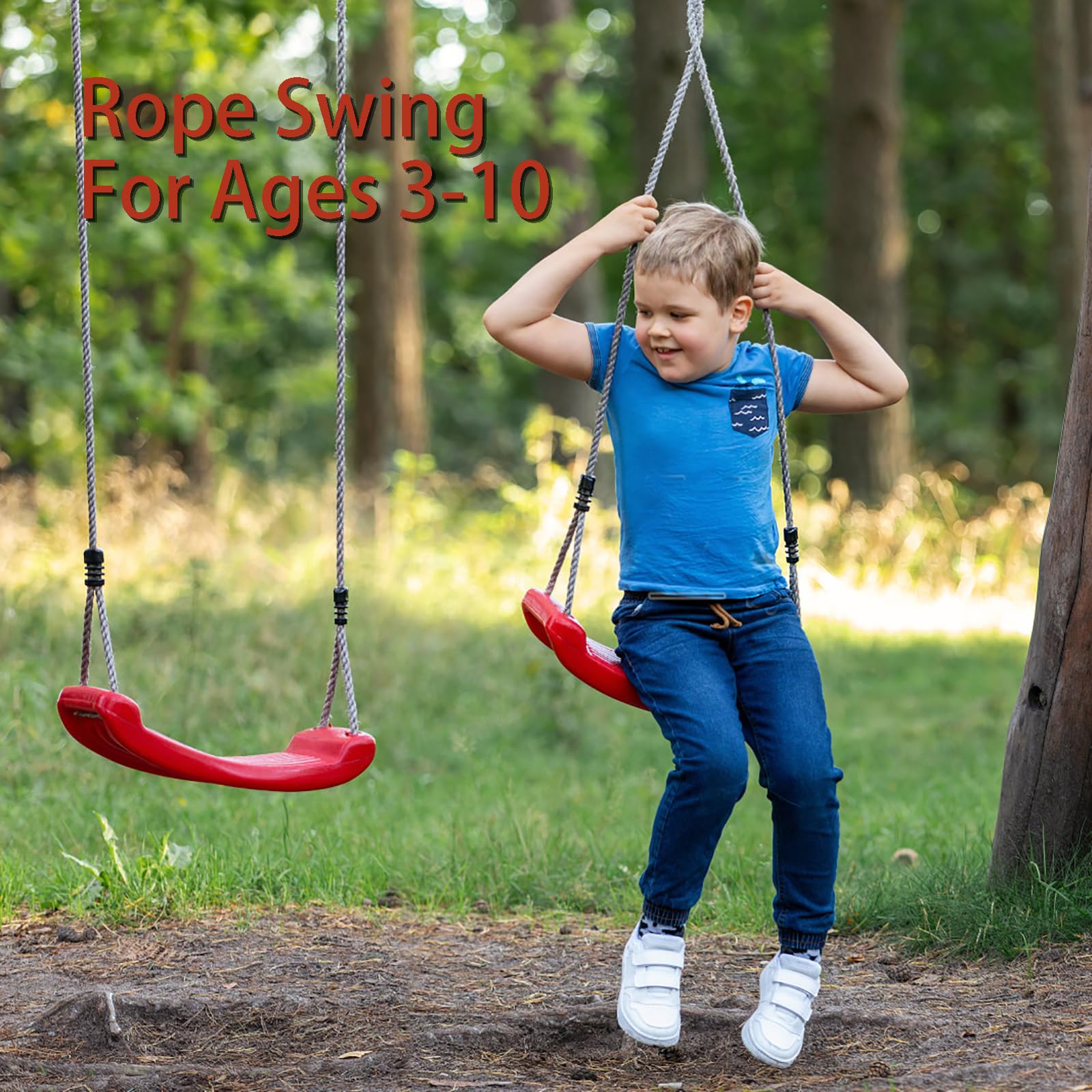 Outdoor Kids Plastic Swing Seat with Adjustable Rope – Durable Tree Swing for Backyard, 220lb Capacity, Red (Red)