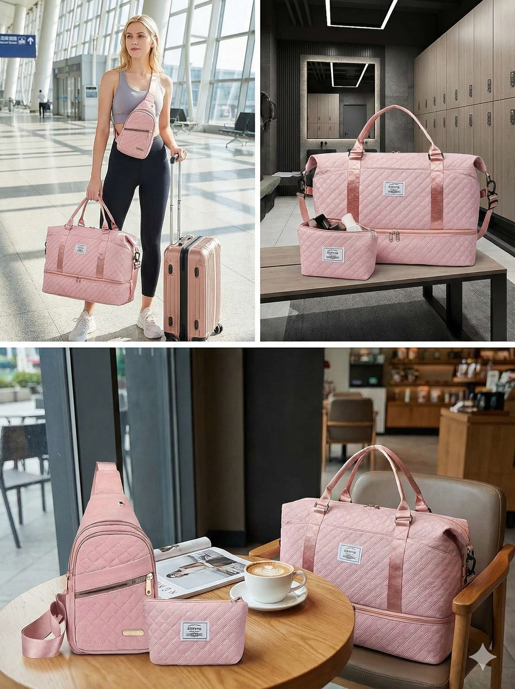 Women’s 3-Piece Travel Bag Set – Large Duffel, Crossbody Backpack & Toiletry Pouch for Gym, Maternity and Weekend Getaways (Pink)  | Other Colors Available in Store