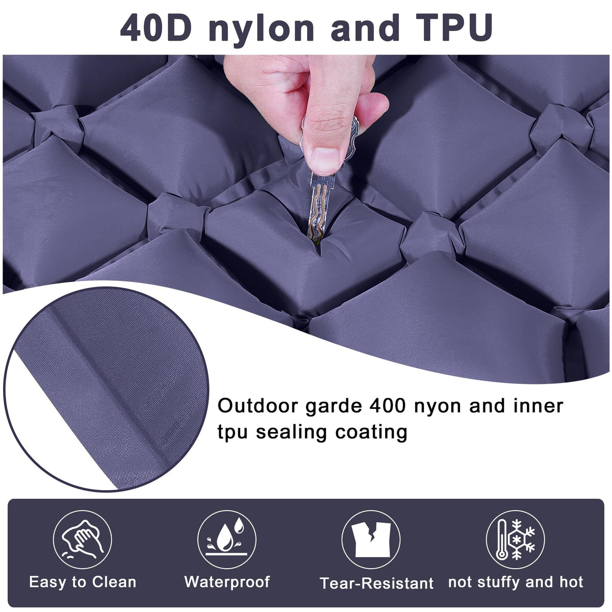 Double Camping Pad with Built-in Pillow: Foot Pump Inflatable Mattress for Tent/Backpacking – Ultralight, Foldable (Dark Blue)
