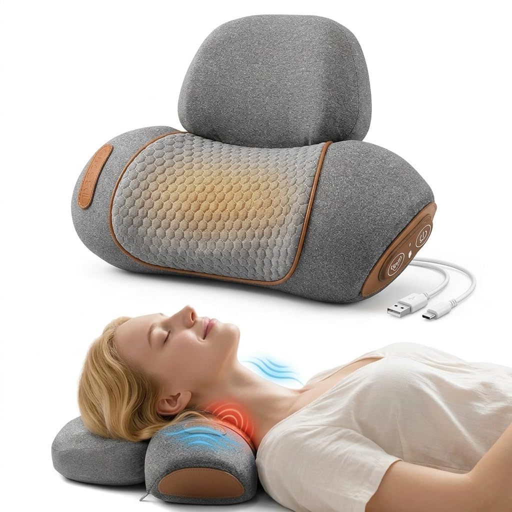 3-in-1 Massager Pillow with Heat, Vibration & Airbag Cervical Traction, Shoulder Relaxer, Ergonomic Memory Foam Support for Neck Hump, Home Office(Gray)