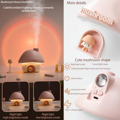 Portable Mushroom Humidifier with 7 Color Sunset Light, USB Rechargeable Mini Air Moisturizer for Desk, Bedroom, Travel, Baby Room – Silent & Cute Design Use(Purple)